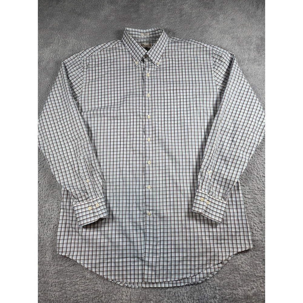 Peter Millar Button Down Shirt XL Tall Blue Brown Plaid Mens Long Sleeve Cotton